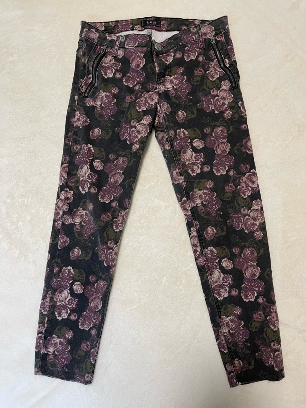 Whimsygoth Dark Floral Rose Print Low Rise Skinny Jeans Denim Pants STS BLUE